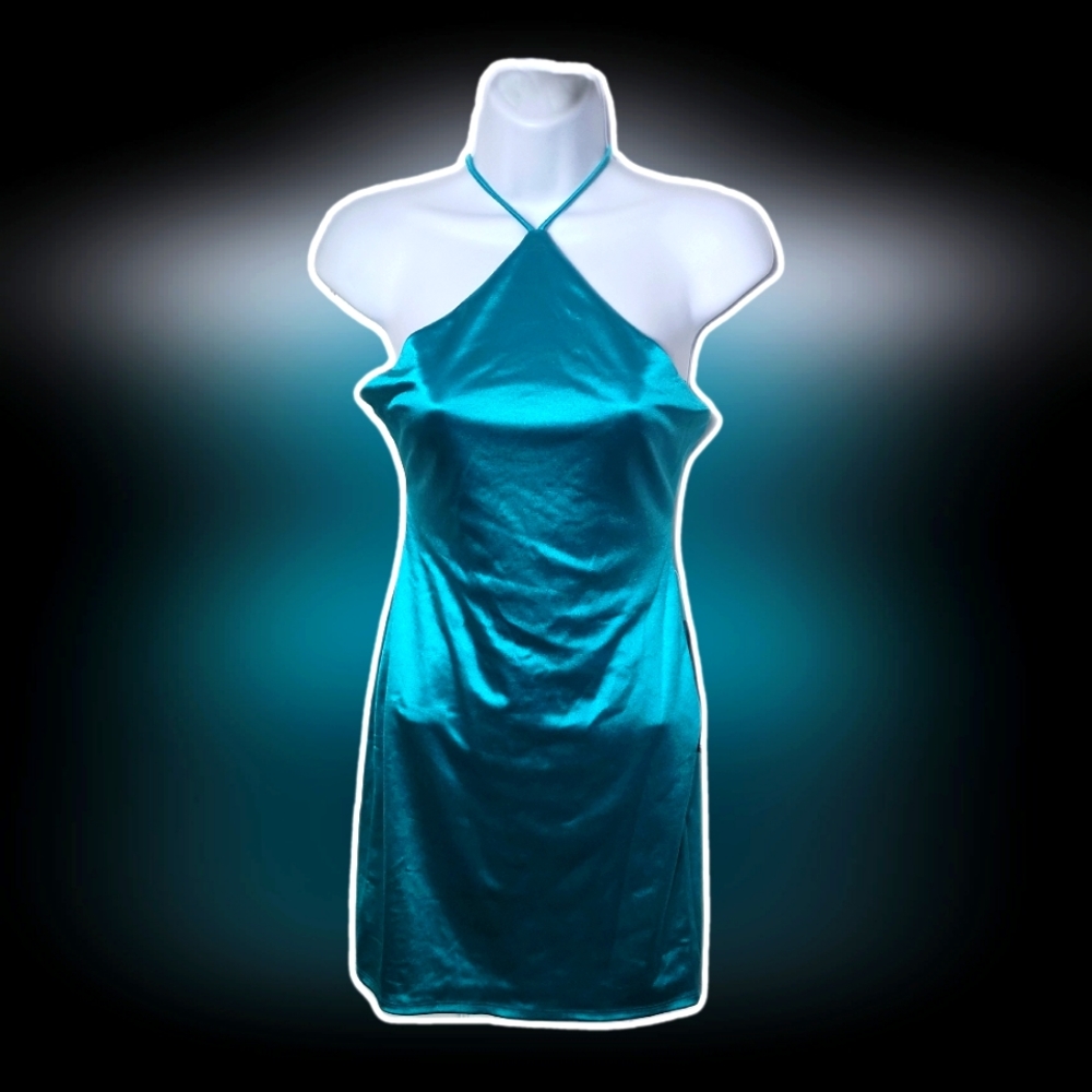 NWT City Studios Junior's Teal High Neck Tie Back Bodycon Dress Size Medium